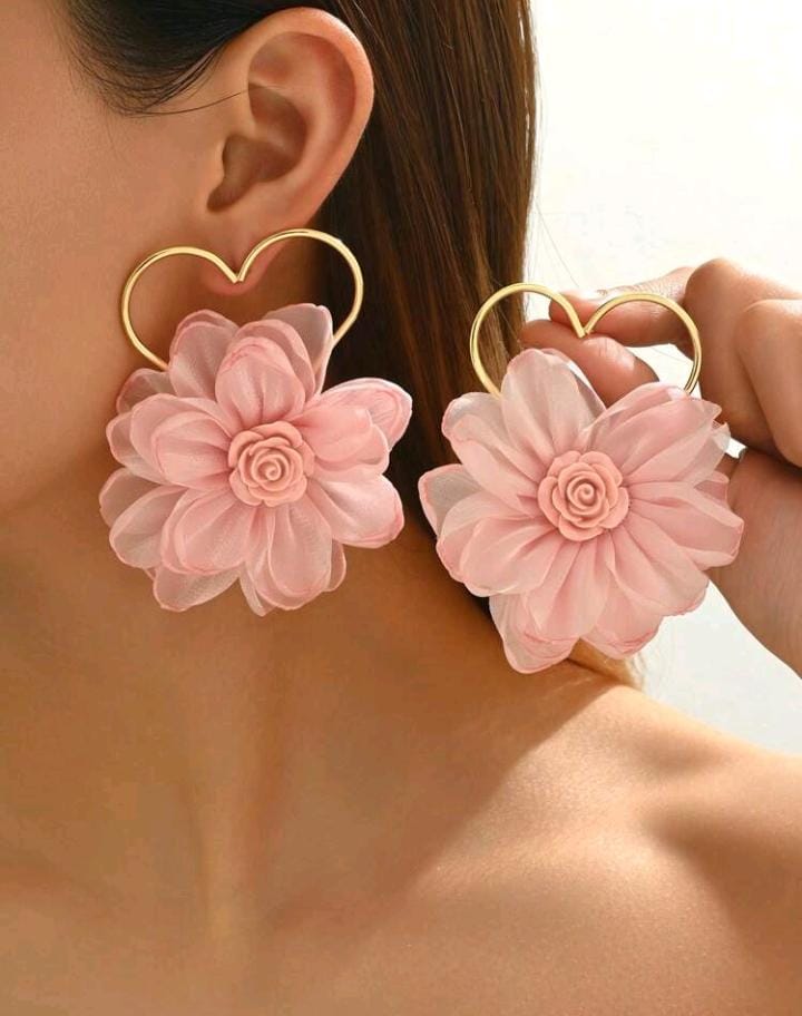 Pink Flower Heart Statement Earrings.