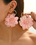 Pink Flower Heart Statement Earrings.