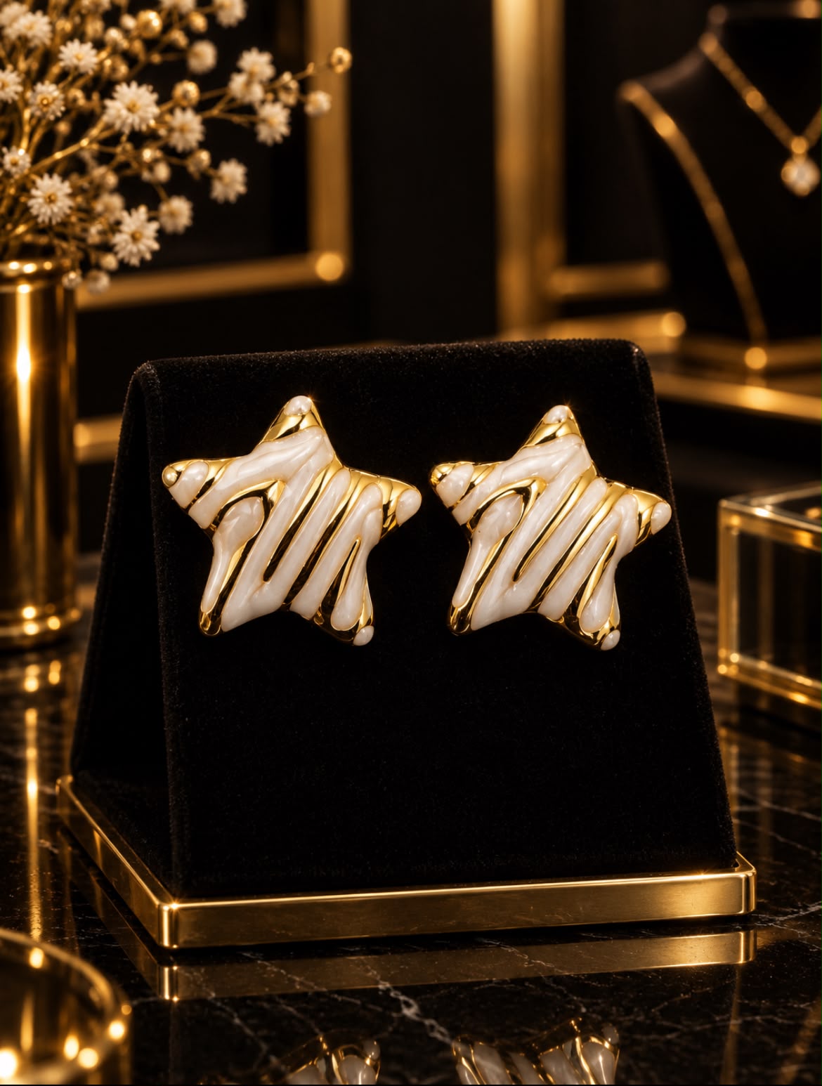 Ivory Star Gold Enamel Stud Earrings.