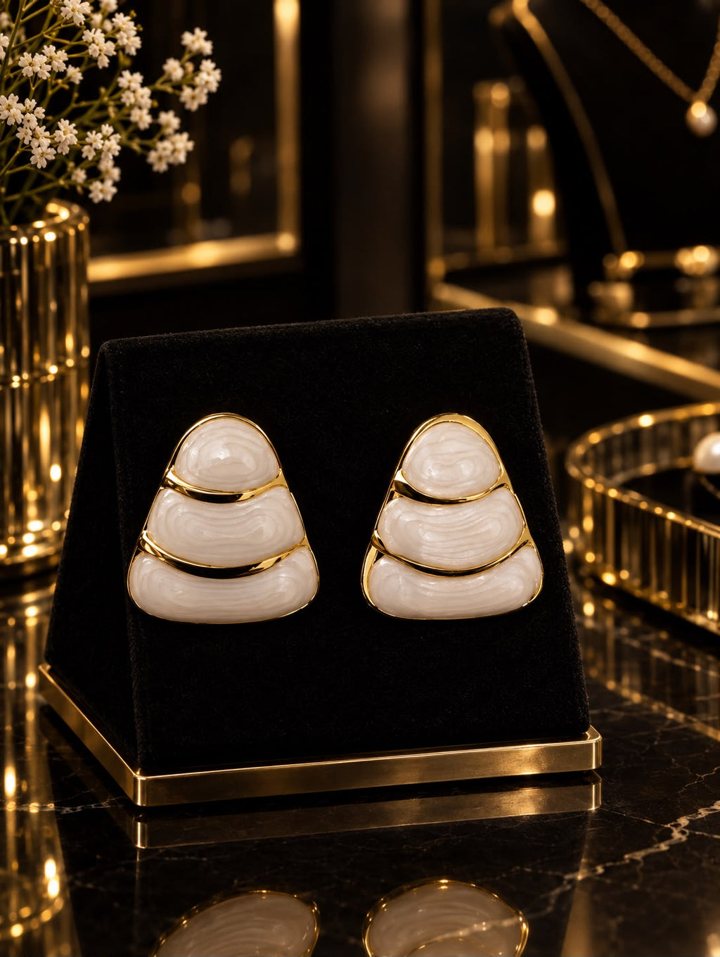 Ivory Tiered Dome Gold Stud Earrings.