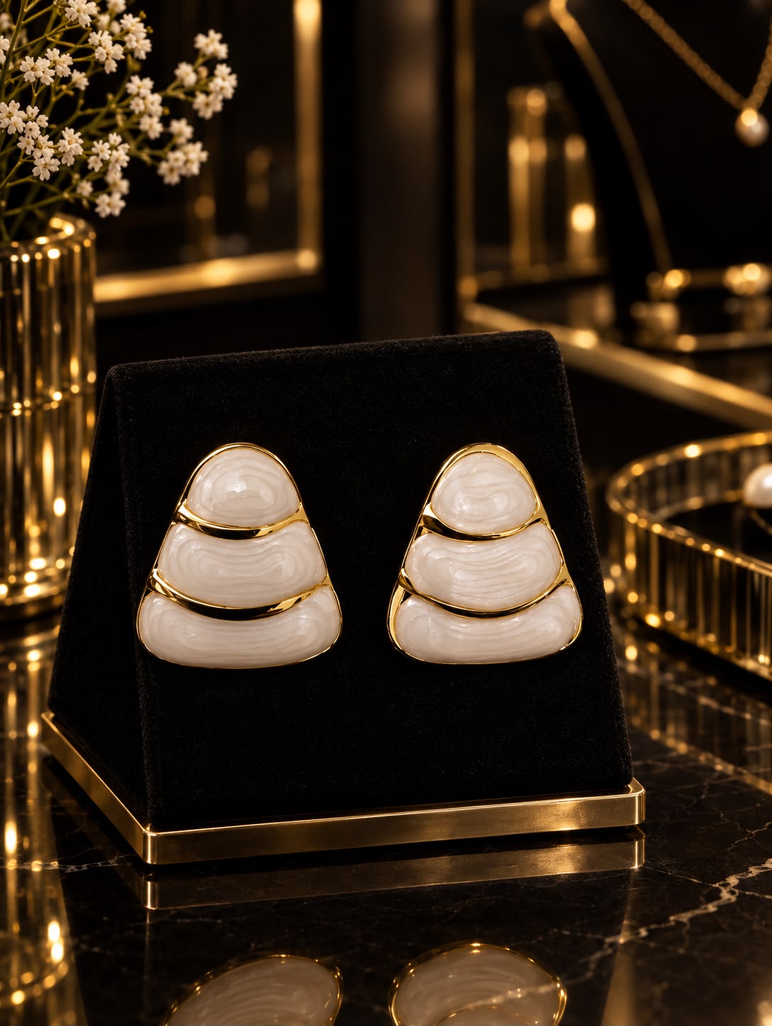 Ivory Tiered Dome Gold Stud Earrings.