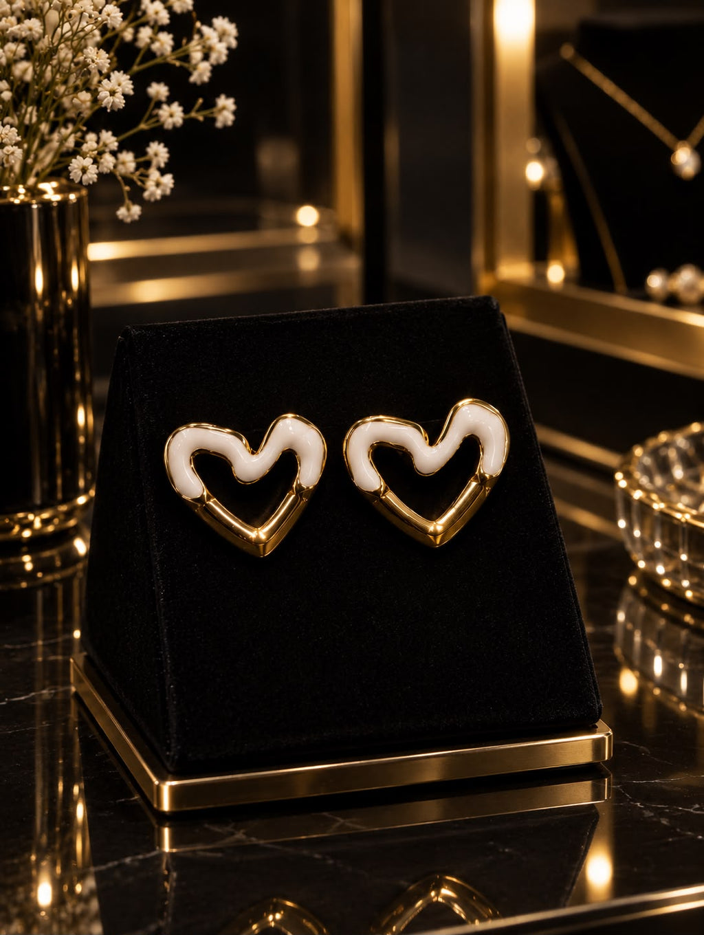 White Enamel Heart Gold Stud Earrings.