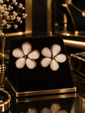 White Enamel Flower Gold Stud Earrings.