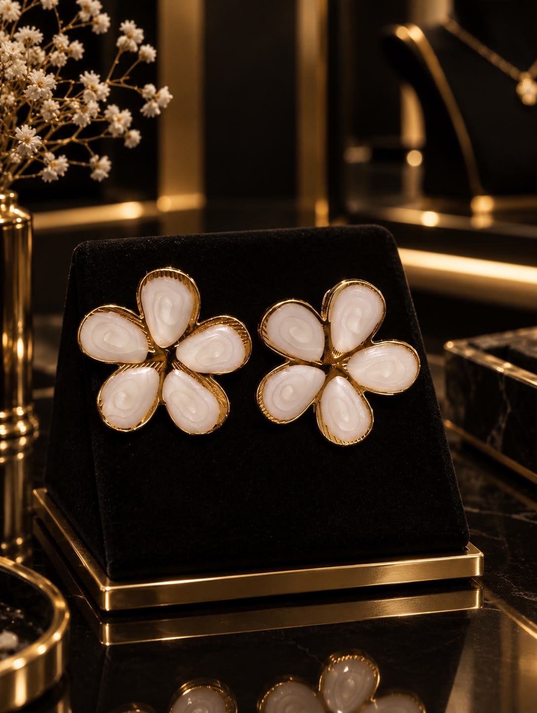 White Enamel Flower Gold Stud Earrings.