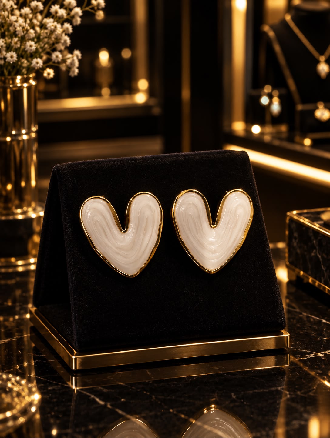 White Marble Heart Gold Stud Earrings.