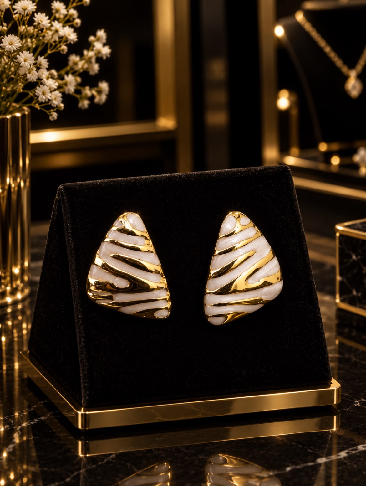 Zebra Wave Gold Enamel Stud Earrings.