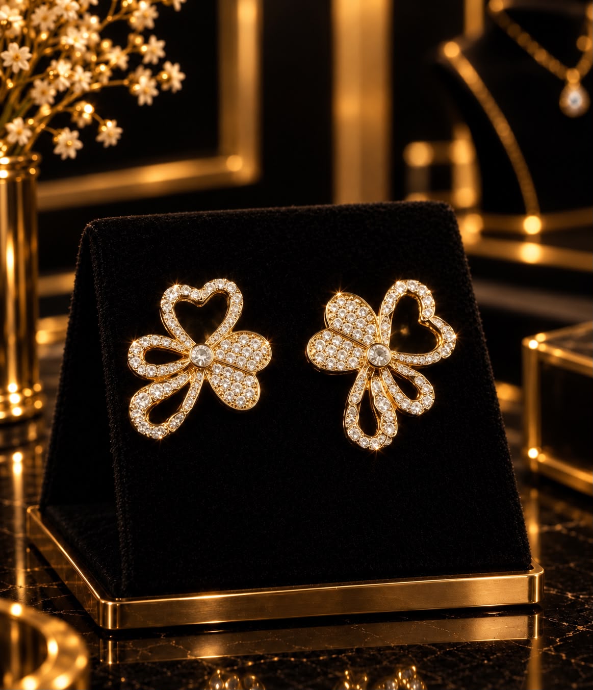Gold Plated CZ Floral Bow Stud Earrings