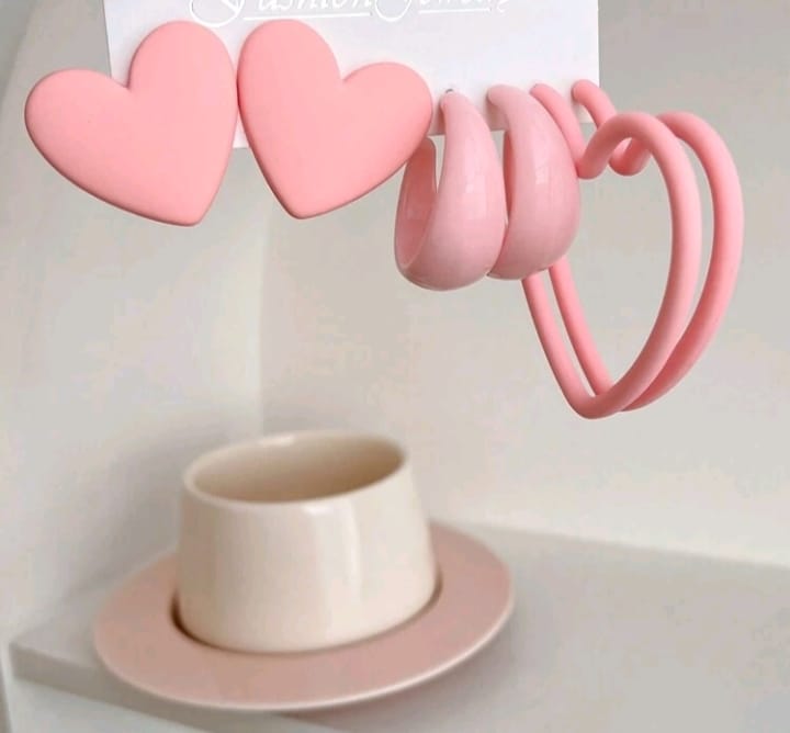 Pink Heart Earrings Set of 3 - Cute Studs, Hoops & Heart Shape Earrings*