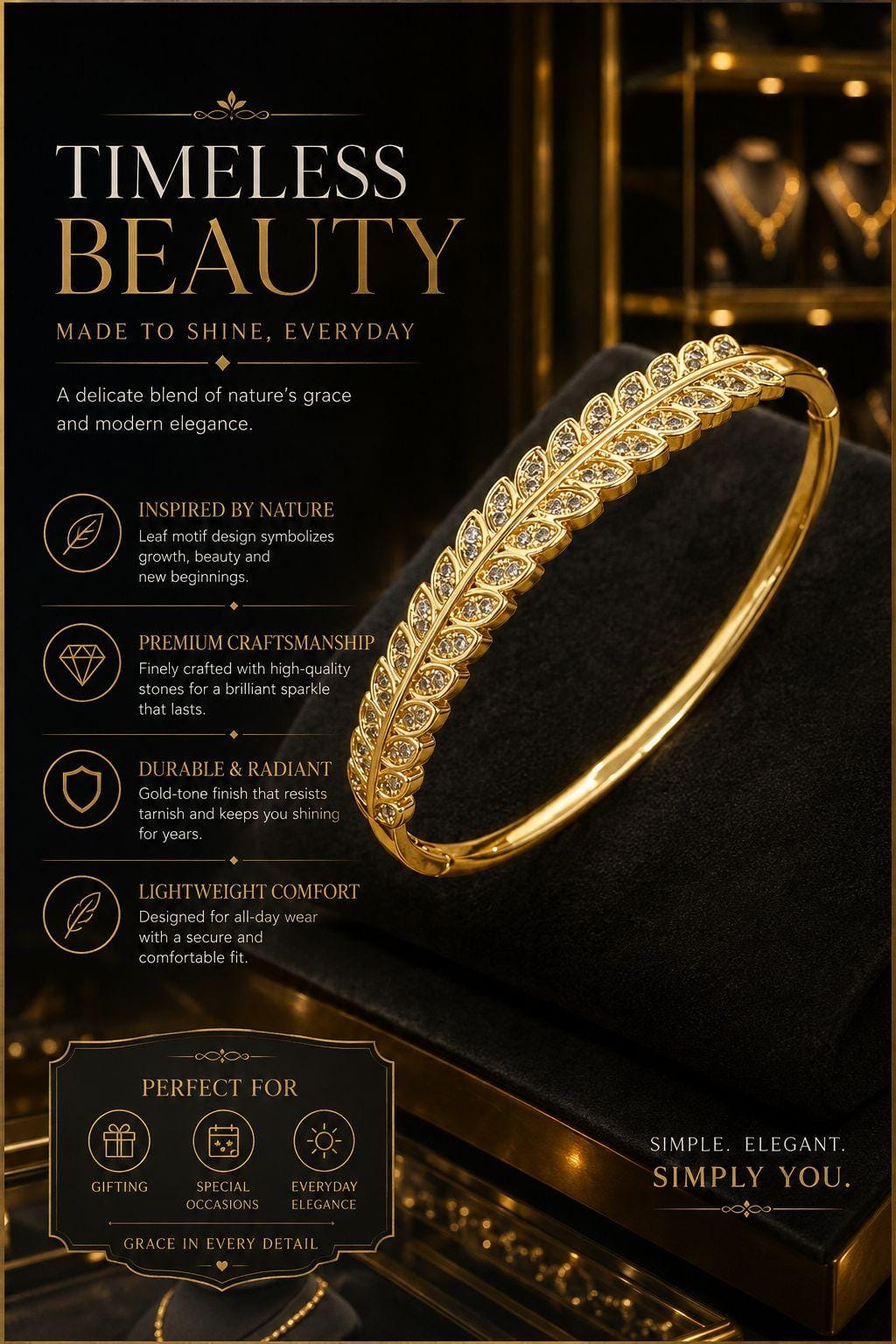 Gold-Plated Leaf Design Crystal Bangle Bracelet – Elegant Hinged Cuff for Women.