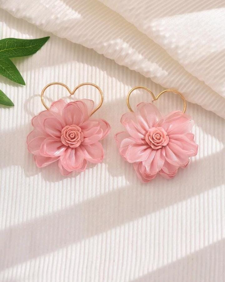 Pink Flower Heart Statement Earrings.
