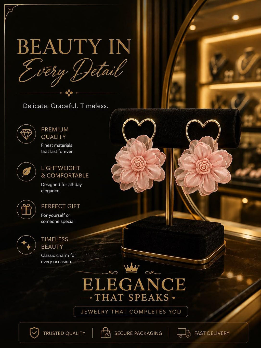 Pink Flower Heart Statement Earrings.