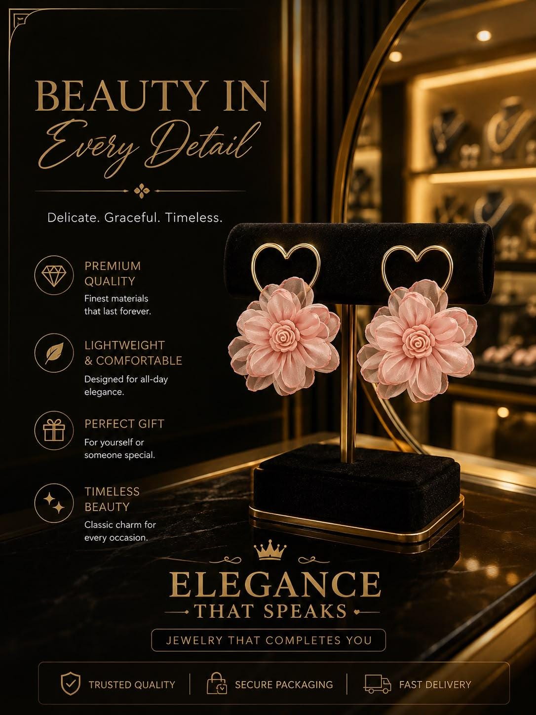 Pink Flower Heart Statement Earrings.