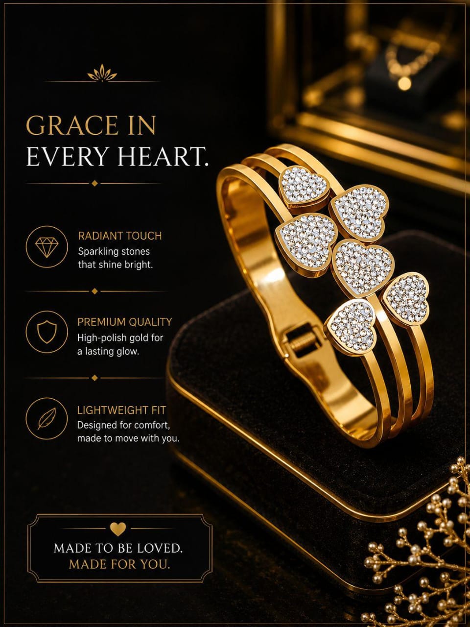 Gold-Plated Heart Charm Bracelet with Crystal Stones – Elegant Hinged Bangle for Women.