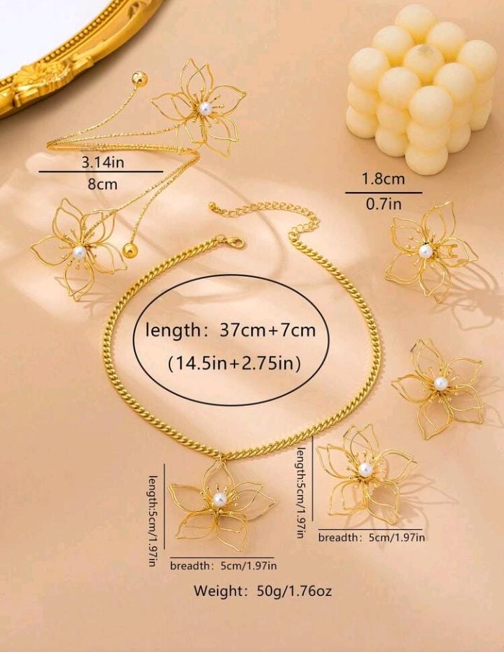 Gold Wire Flower Jewelry Set – Necklace, Earrings, Ring & Bracelet .