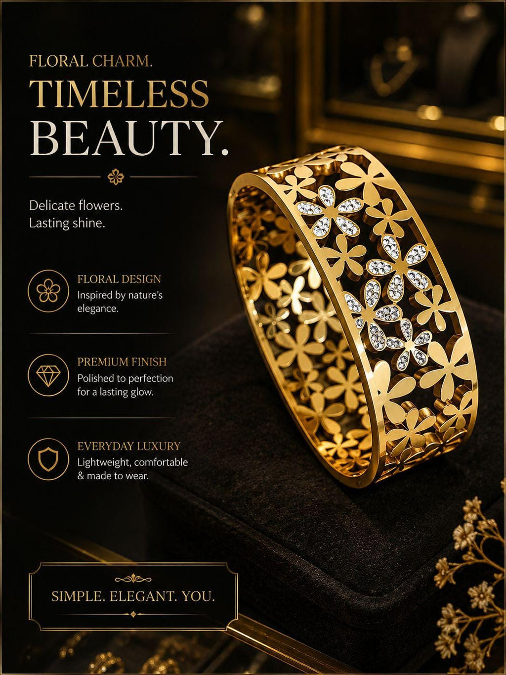 Gold Plated Wide Floral Cutout Bangle with Crystal Studs.