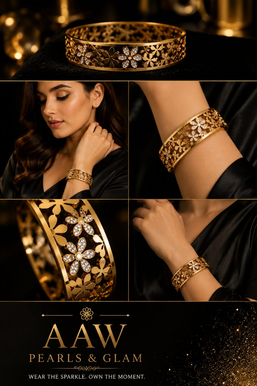Gold Plated Wide Floral Cutout Bangle with Crystal Studs.