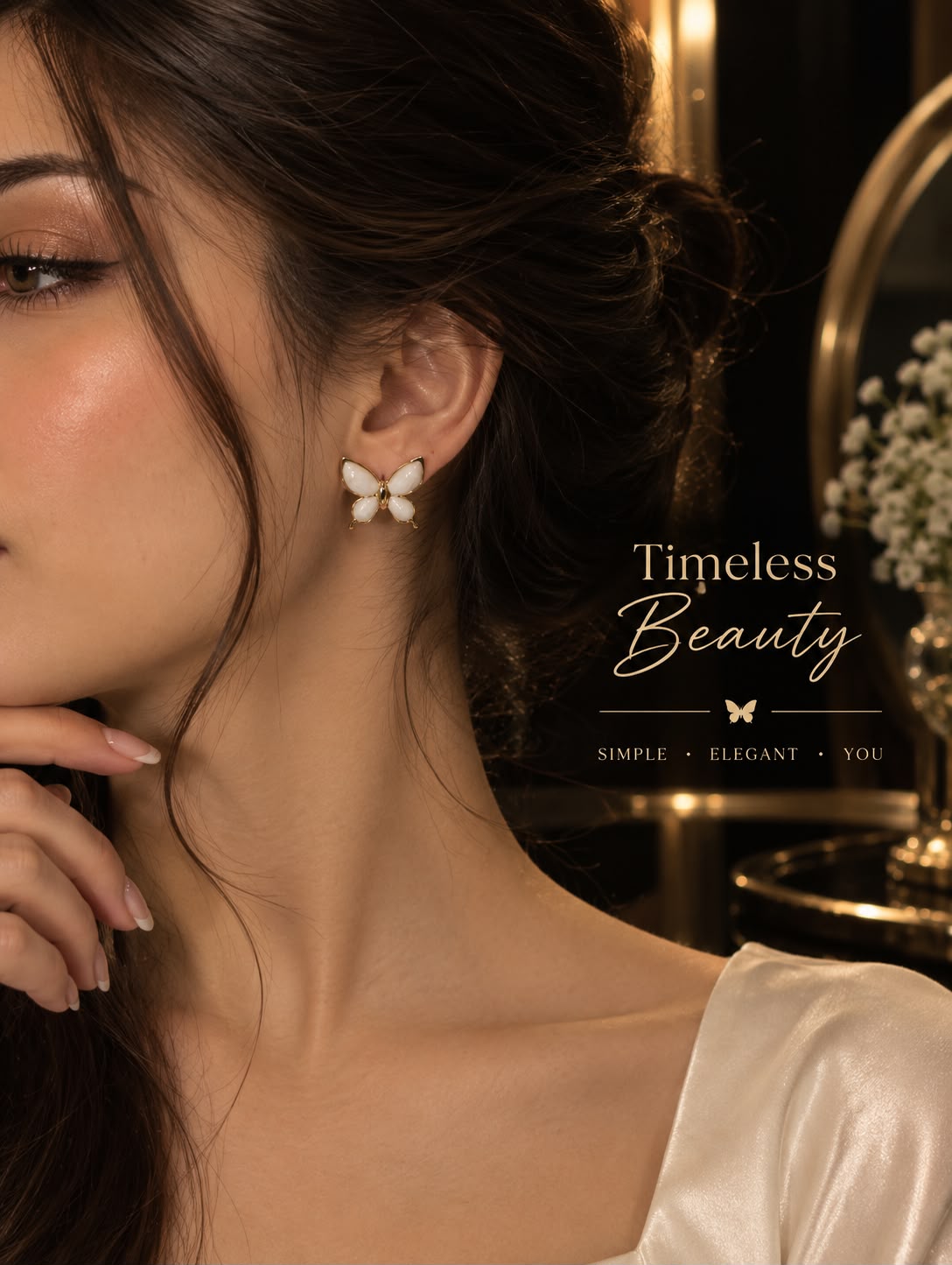 Ivory Butterfly Gold Stud Earrings.