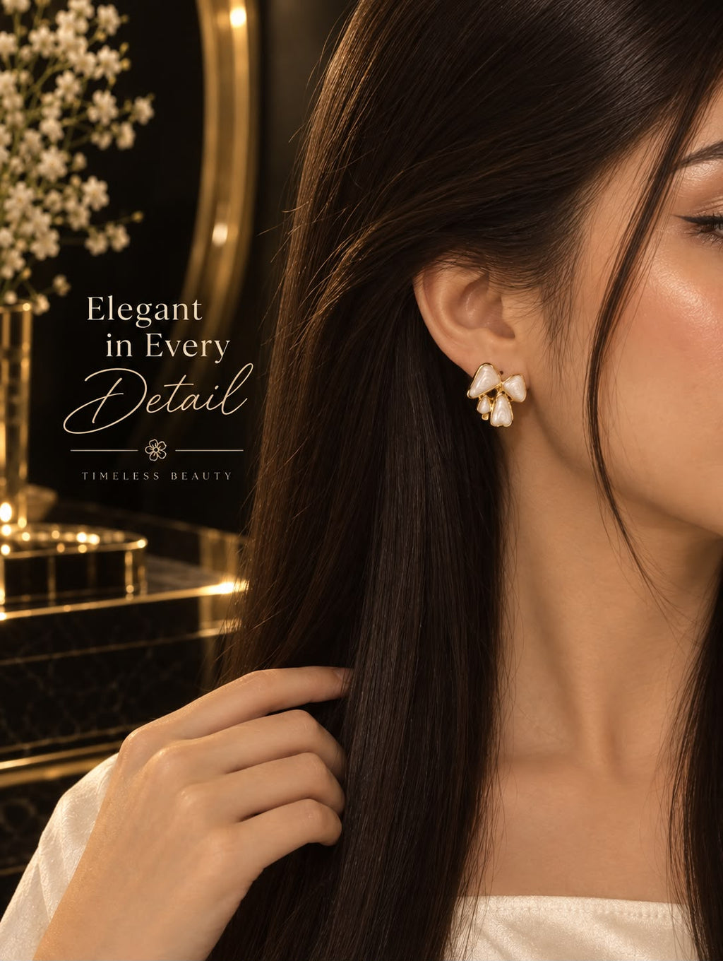 White Enamel Bow Gold Stud Earrings.