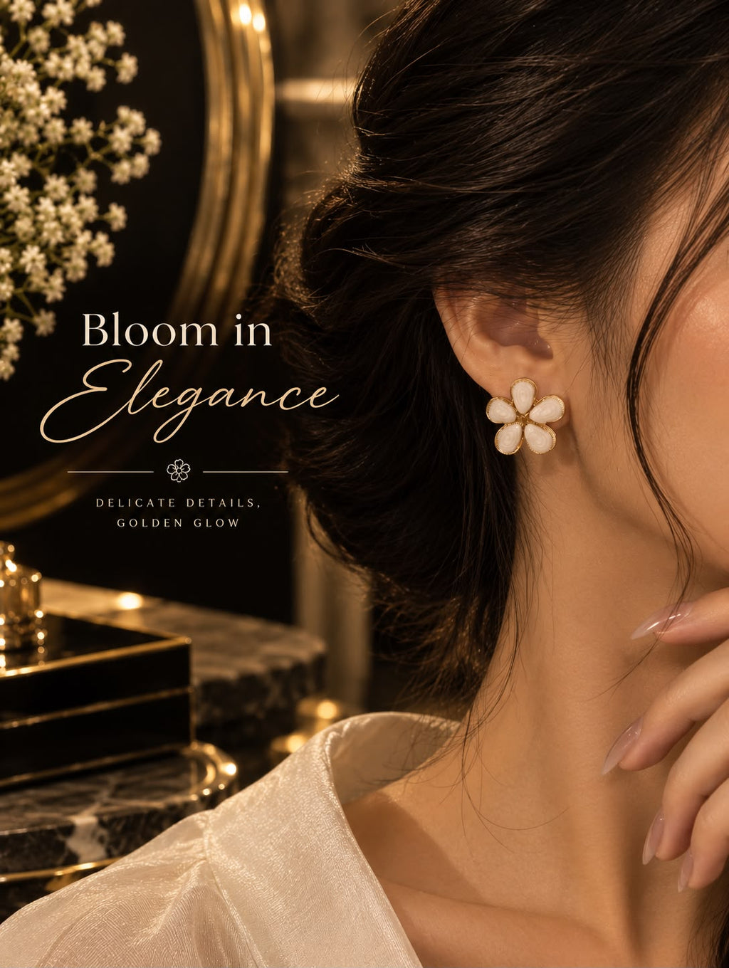 White Enamel Flower Gold Stud Earrings.