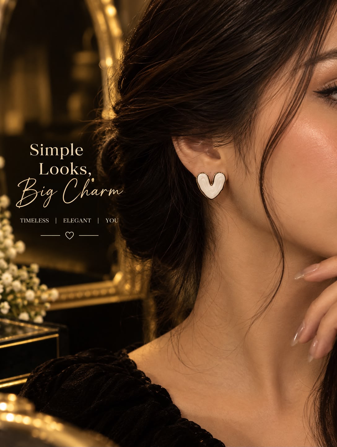 White Marble Heart Gold Stud Earrings.