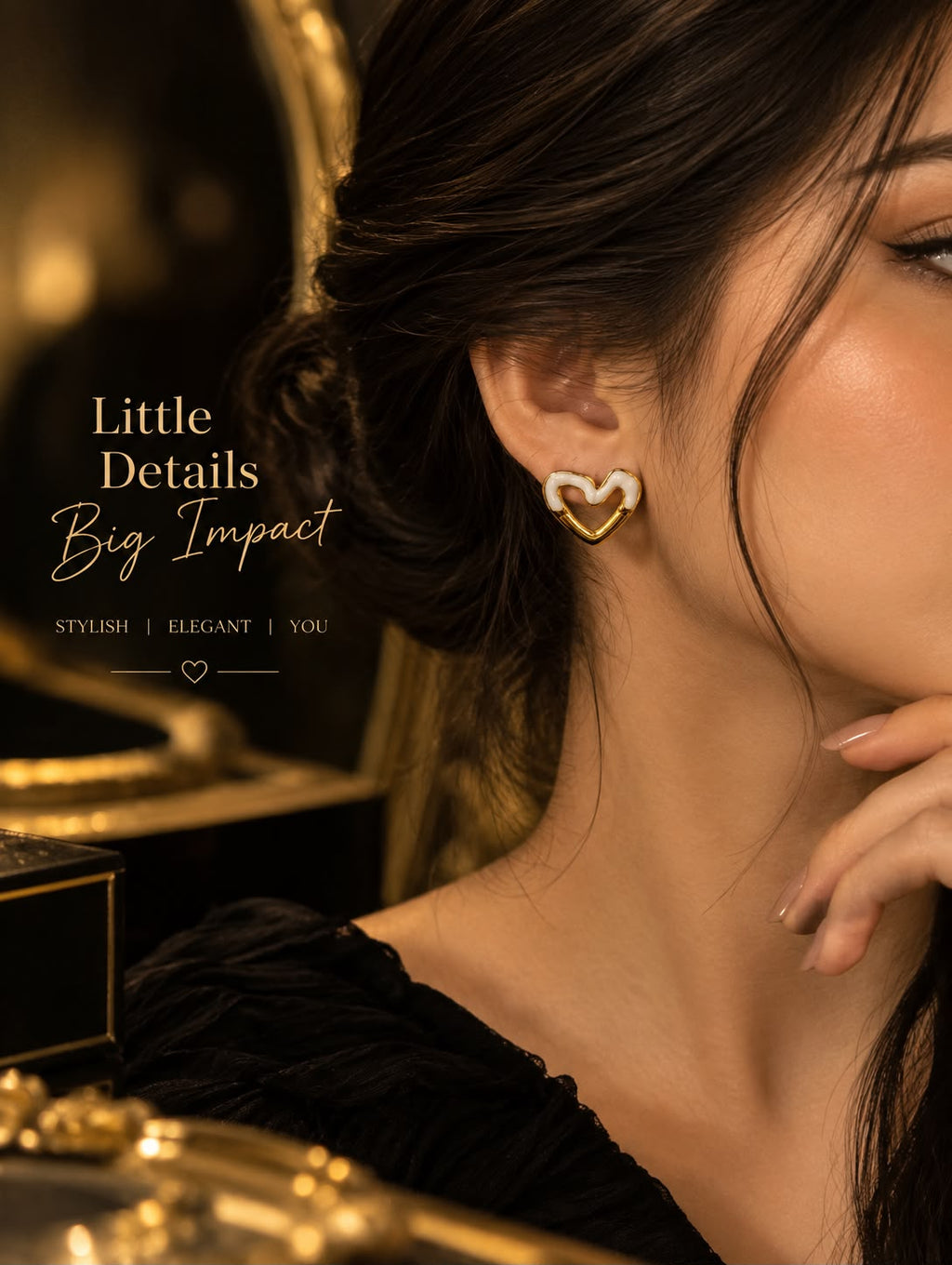 White Enamel Heart Gold Stud Earrings.